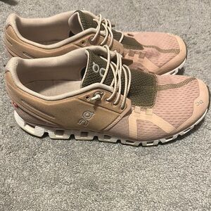 On Running Pink and Tan Athletic Shoes with Supportive Midsole